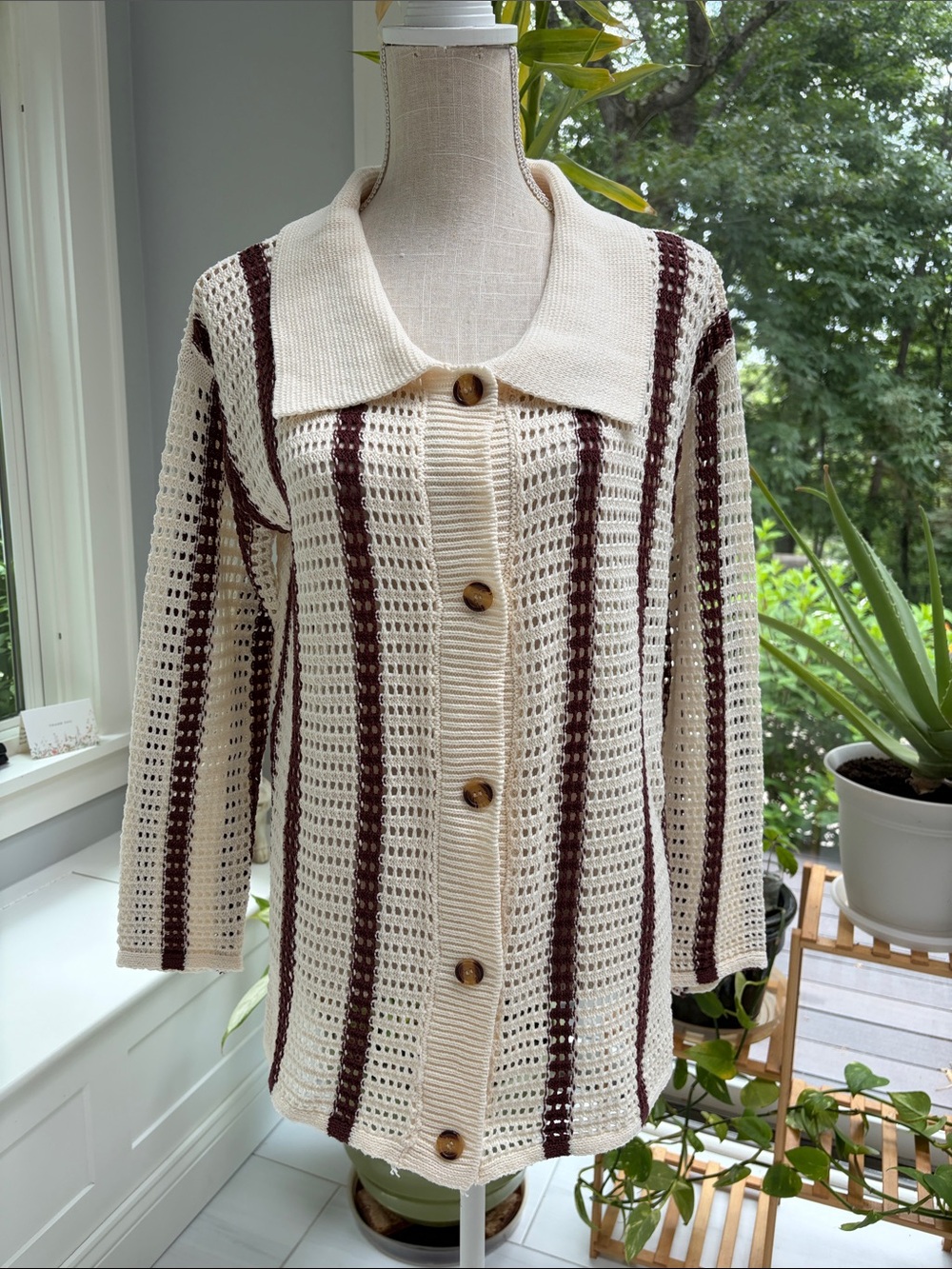 Cream and Brown Striped Open-Knit Crochet Cardigan